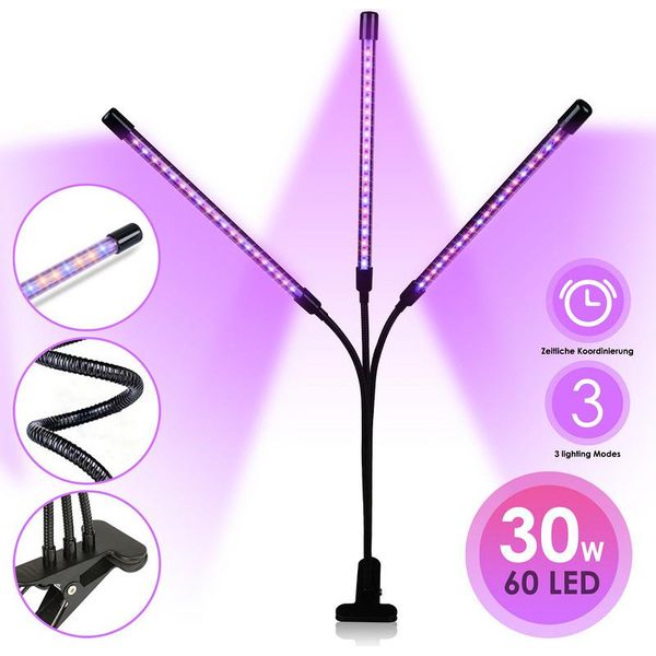 Jiubiaz Lampada Per Piante 30W Led Luce Per Piante A Spettro Completo 60 Led 3 Teste Lampada Per Piante Lampada Per Piante, 10 Livelli Di Regolazione Luce Led Per Piante Da Interno, Giardinaggio, Serra-image