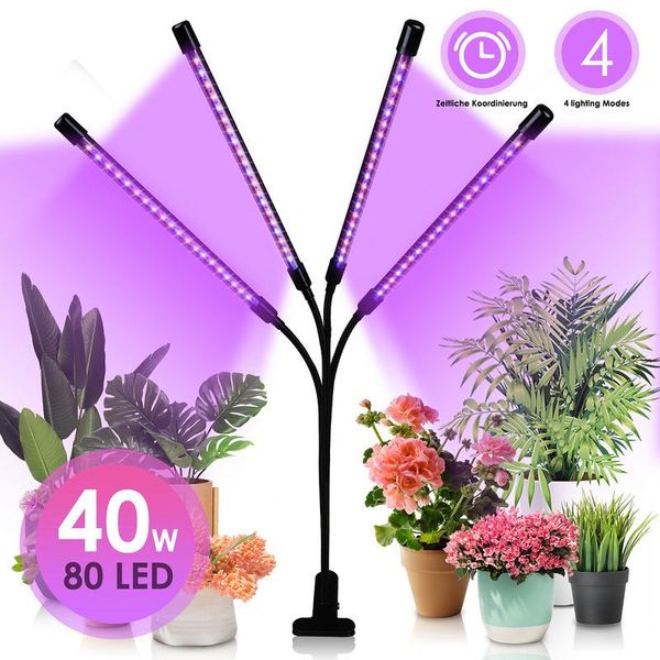 Lampada Per Piante Jiubiaz 40W Led Luce Per Piante A Spettro Completo 80 Led, Lampada Per Piante A 4 Teste, Lampada Per Piante, 10 Livelli Di Regolazione Luce Led Per Piante Da Interno, Giardinaggio, Serra-image