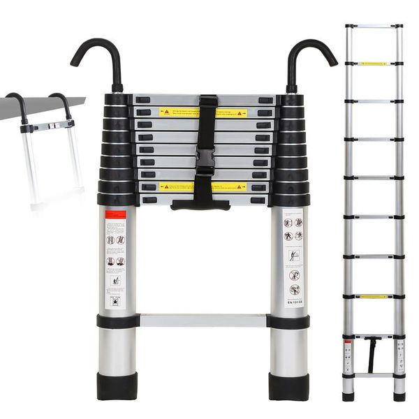 Fiqops Scala Telescopica Con Gancio Scala A Gradini In Alluminio Argento Scala Pieghevole 2,6 M-image