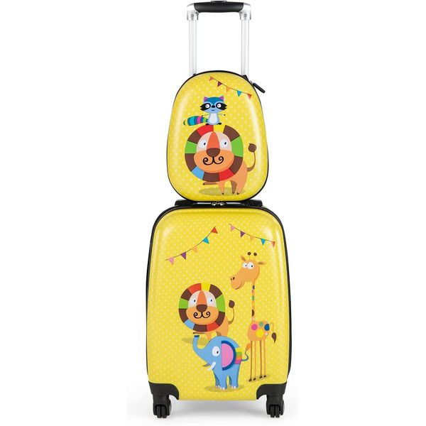 Costway 2 Pezzi Valigia Per Bambini + Zaino, Trolley Per Bambini In Plastica, Valigie Per Bambini, Set Di Valigie Per Bambini, Valigie A Mano, Valigie Da Viaggio, Valigie Rigide Per Bambini E Bambine (Giallo, 12"+18"")"-image