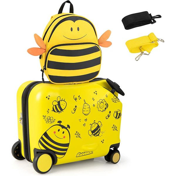 Costway 2 Pezzi Valigia Per Bambini + Zaino, Trolley Per Bambini Con Ruote E Guscio Rigido Impermeabile, Valigia Per Bambini, Trolley Con Zaino Per Bambini Per Ragazzi E Ragazze (Giallo, 12"+18"")"-image
