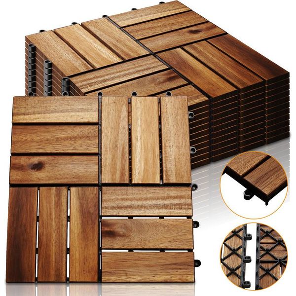 Jopassy 1M² Piastrelle Di Legno A Mosaico In Legno D'acacia 11 Pezzi 30X30 Cm Piastrelle Per Balconi Piastrelle Per Giardini Piastrelle Per Terrazze Piastrelle Per Balconi Giardini-image