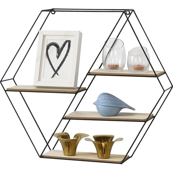 [Scaffale A Parete Scaffale Galleggiante A Nido D'ape Con 4 Ripiani Scaffale Metallico Esagonale Con 4 Ripiani Scaffale Appeso Esagonale 62 X 12 X 53 Cm Nero-image