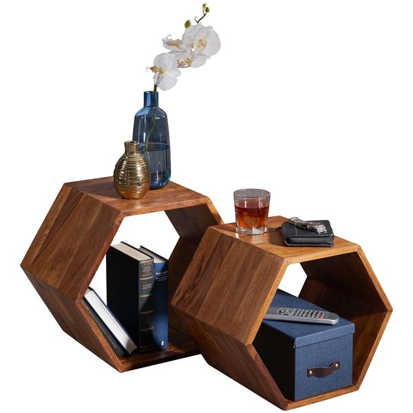 Beistelltisch 2Er Set Finebuy Satztisch Wohnzimmertisch Holz Massiv Tisch Klein-image