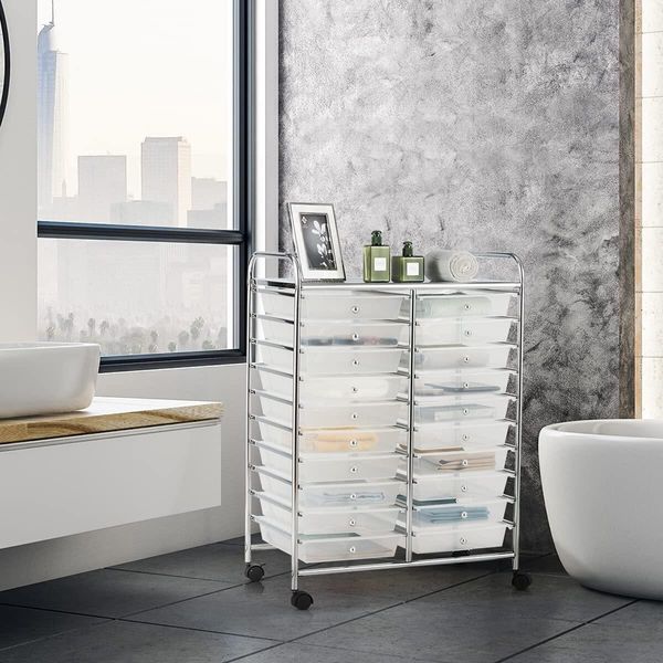 Carrello Costway Con Cassetti Contenitore Per Rotoli Carrello Da Bagno Carrello Da Bagno Scaffale Da Bagno Con 20 Cassetti Impilabili Struttura In Metallo Carrello Laterale (Trasparente)-image