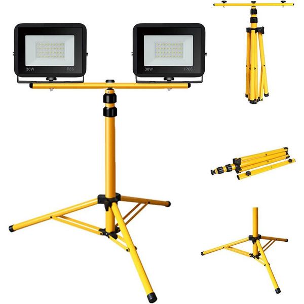 Yakimz Proiettore A Led Con Treppiede Faretto Da Costruzione Faretto IP66 Proiettore Luci Da Lavoro Per Giardino Cortile Cortile 2X30W Bianco Freddo-image