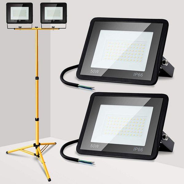 Jopassy Proiettore A Led Con Treppiede Faretto Da Costruzione Faretto IP66 Proiettore Luci Da Lavoro Per Giardino Cortile Cortile 2X50W Bianco Caldo-image