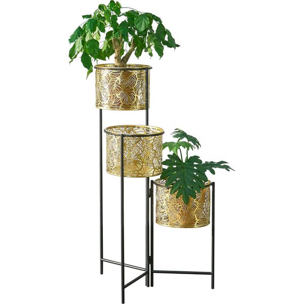 Supporto Per Piante Verrebroek Con 3 Vasi Per Piante Set Di Supporti Per Fiori Pieghevoli Supporto Per Vasi Per Piante Supporto Per Piante Salvaspazio In Metallo Nero Colore Ottone-image