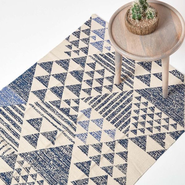 Homescapes Tappeto In Cotone Delphi Con Motivo Geometrico In Blu E Bianco, 160 X 230 Cm-image