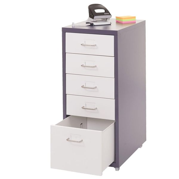 Rollcontainer Preston T851, Schubladenschrank Stahlschrank, 69X28X41Cm 5 Schubladen ~ Dunkelgrau Weiß-image
