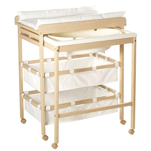 Roba Baby Pool Fasciatoio Da Bagno, Fasciatoio Allungabile Con Vasca Da Bagno, Legno Naturale, Rivestimento Bianco-image