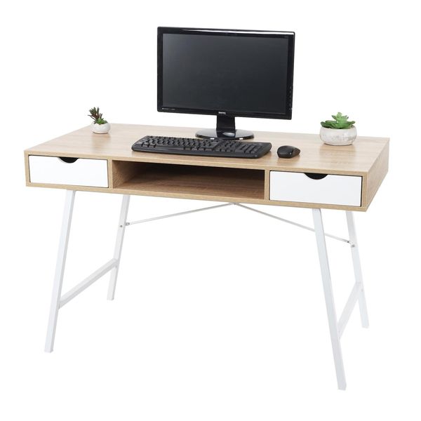 Schreibtisch MCW-E92, BüRotisch Computertisch, 3D-Struktur 120X60Cm ~ Naturbraun Weiß-image