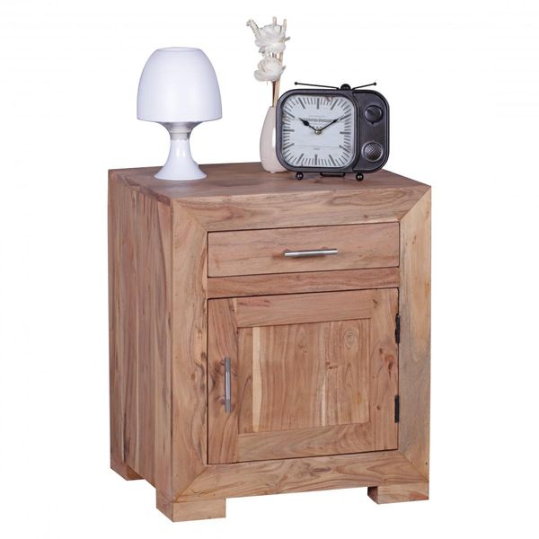 Wohnling Comodino In Legno Massiccio Di Acacia Design Comodino 60 Cm Con Cassetto E Anta Comodino Per Letto A Molle WL1.762-image