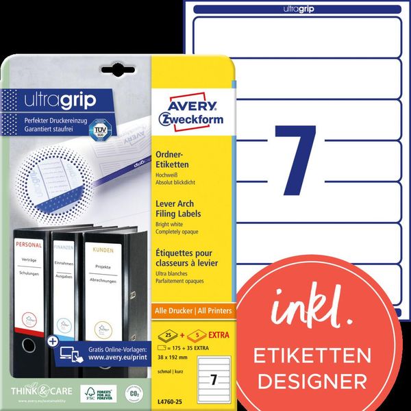 Avery Zweckform L4760-25 Etichette Per Cartelle, A4 Con Ultragrip, 38 X 192 Mm, 30 Fogli/210 Etichette, Bianco-image