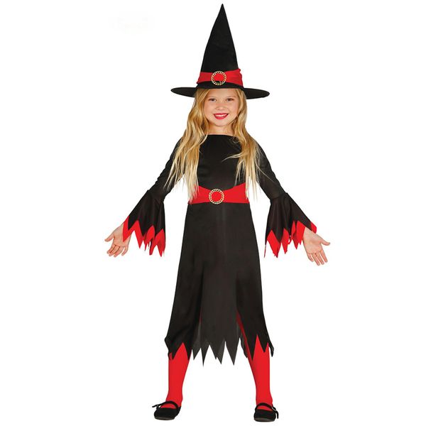 Strega Halloween Costume Cappello Nero Accento Rosso Incanto Magica Avventura Carnevale Divertimento Magico Outfit Trasformazione Accessorio, Taglia: 140/146 Colore: Rosso-image