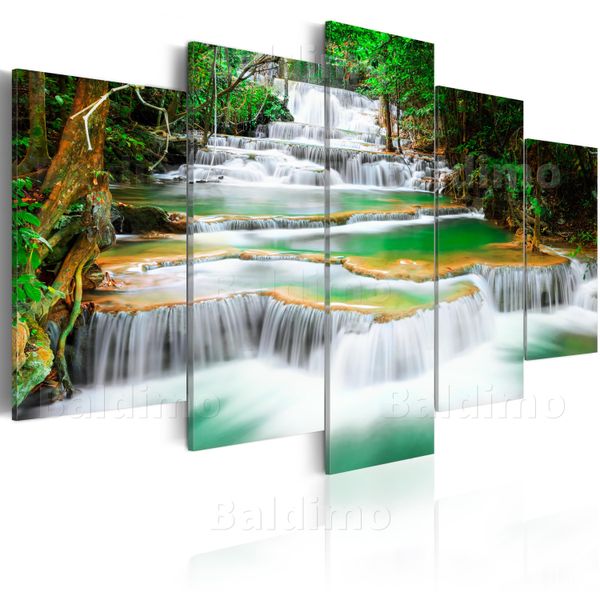 Quadro Su Tela Cascata 200X100 Cm In Tessuto Non Tessuto 5 Pezzi Stampa D'arte Moderna Arte Murale Xxl Decorazione Murale Design Quadro Murale - Natura Paesaggio Thailandia Alberi 030212-100-image