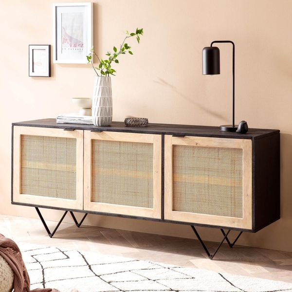 Massivholz Sideboard 175Cm Mango Design Kommode Mit 3 Rattan Wiener Geflecht TüRen Schwarz-image