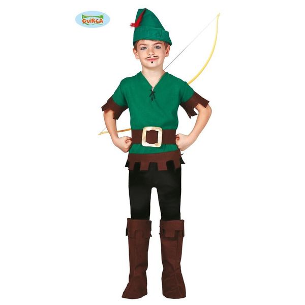Bandito Arciere Costume Medievale Per Bambini Carnevale Avventura Eroe Coraggioso, Taglia: 128/134 Colore: Verde-image