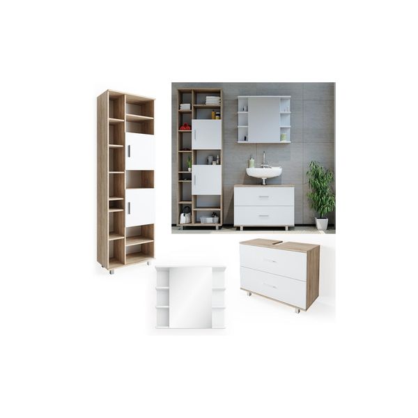 Vicco BadmöBel Set Ilias Weiß Eiche Spiegel Kommode Unterschrank Badschrank-image