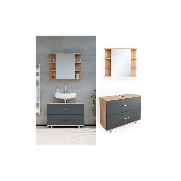 Vicco BadmöBel Set Ilias Eiche Anthrazit Bad Spiegel Unterschrank Badschrank-image