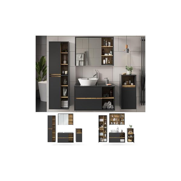 Vicco BadmöBel-Set Badezimmer-MöBel Bad-Schrank Viola Anthrazit Eiche Modern Badezimmerschrank Waschtischunterschrank Spiegelschrank Midischrank Hochschrank SchranktüR Schrankfach Ablage Aufbewahrung-image