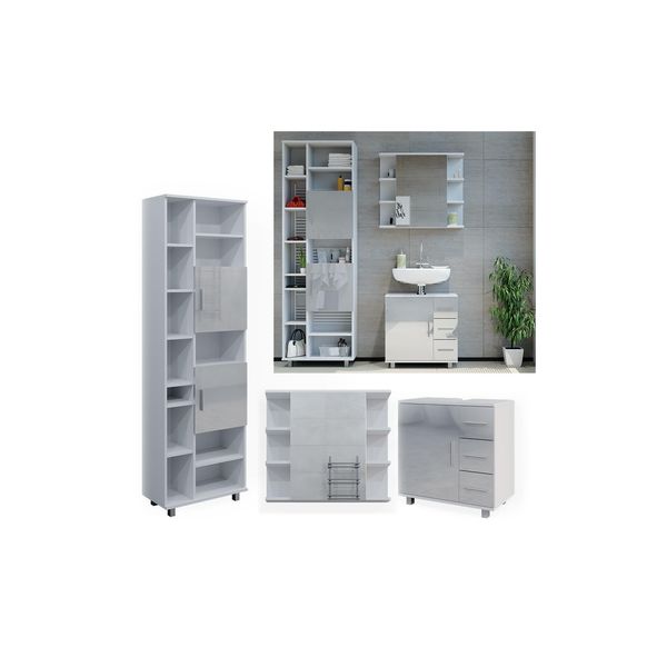 Vicco BadmöBelset Ilias Weiß Hochglanz Modern Badezimmer Schrank Badschrank Waschtischunterschrank Spiegelschrank Hochschrank SchranktüR Schrankschublade Schrankfach Ablage Aufbewahrung-image