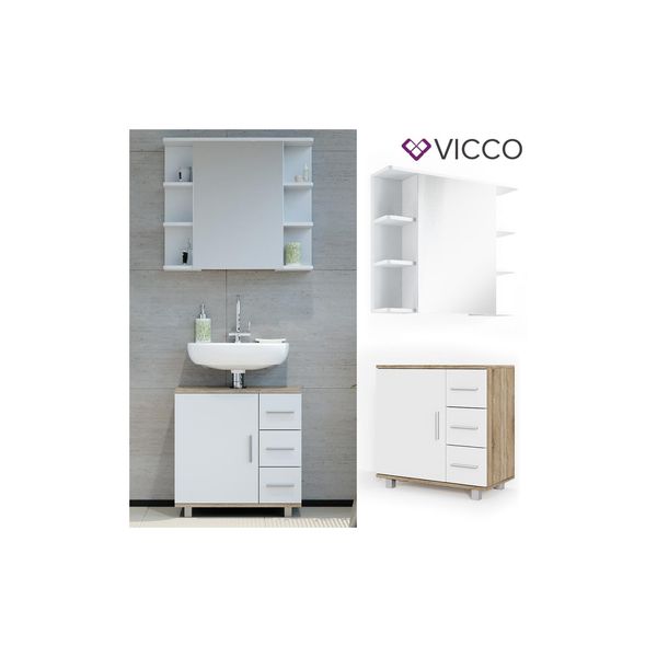 Vicco BadmöBel Set Ilias Weiß Eiche Bad Spiegel Kommode Unterschrank Badschrank-image