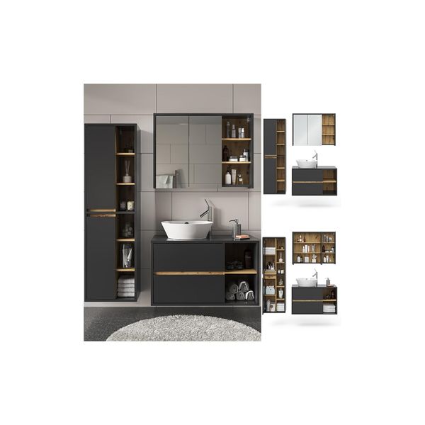 Vicco BadmöBel-Set Badezimmer-MöBel Bad-Schrank Viola Anthrazit Eiche Modern Badezimmerschrank Waschtischunterschrank Spiegelschrank SchranktüR Schrankfach Ablage Aufbewahrung-image