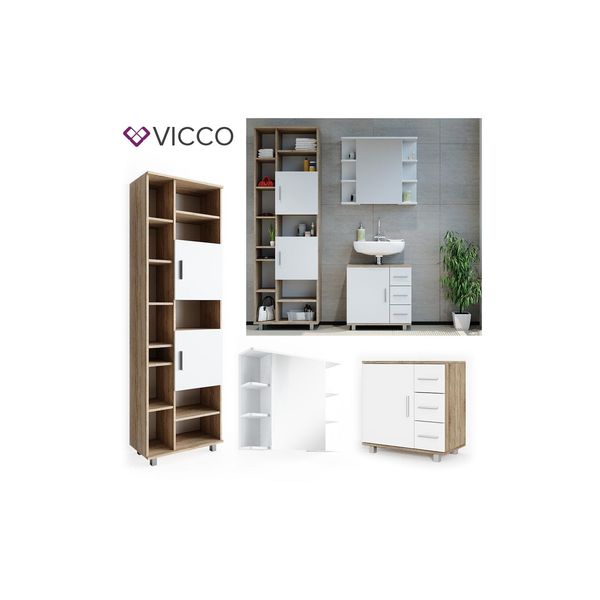Vicco BadmöBel Set Ilias Weiß Eiche Bad Spiegel Kommode Unterschrank Badschrank-image