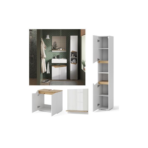 Vicco BadmöBel-Set Marelle Weiß Artisan Moderne Serie Badezimmer Dekorative Front Waschtischunterschrank Badspiegel Hochschrank-image