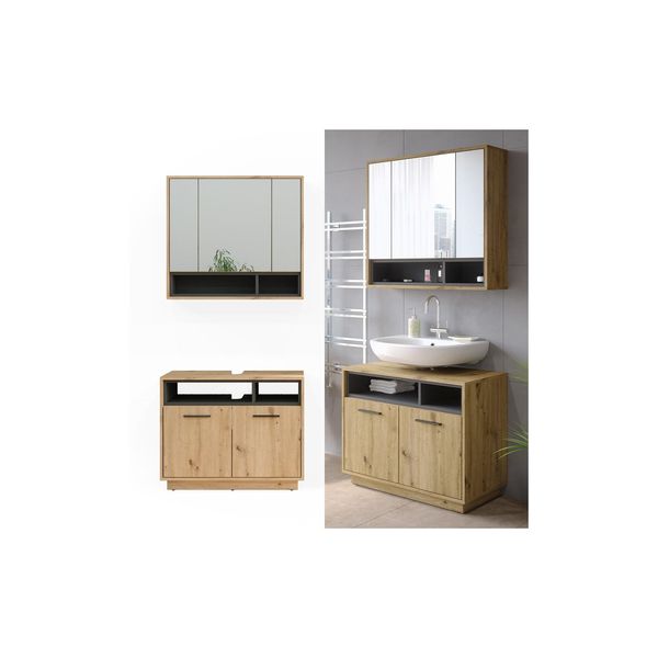 Vicco BadmöBel-Set Badezimmer-MöBel Bad-Schrank Beatrice Eiche Anthrazit Modern Badezimmerschrank Waschtischunterschrank Spiegelschrank SchranktüR Schrankfach-image