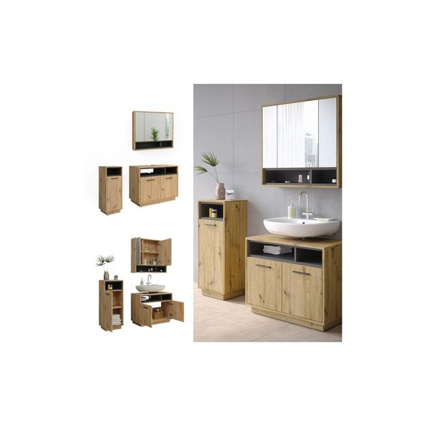 Vicco BadmöBel-Set Badezimmer-MöBel Bad-Schrank Beatrice Eiche Anthrazit Modern Badezimmerschrank Waschtischunterschrank Spiegelschrank Midischrank SchranktüR Schrankfach-image
