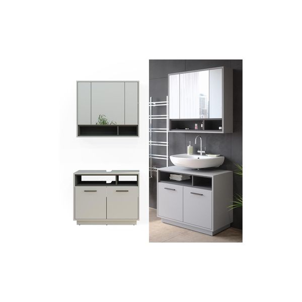 Vicco BadmöBel-Set Badezimmer-MöBel Bad-Schrank Beatrice Grau Anthrazit Modern Badezimmerschrank Waschtischunterschrank Spiegelschrank SchranktüR Schrankfach-image