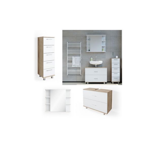 Vicco BadmöBel Set Ilias Weiß Eiche Spiegel Kommode Unterschrank Badschrank-image