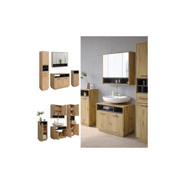 Vicco BadmöBel-Set Badezimmer-MöBel Bad-Schrank Beatrice Eiche Anthrazit Modern Badezimmerschrank Waschtischunterschrank Spiegelschrank Midischrank Hochschrank SchranktüR Schrankfach-image