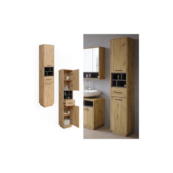 Vicco Hochschrank Badschrank BadezimmermöBel Beatrice Eiche Anthrazit Modern 38X190 Cm Badkommode Badezimmer Schrank BadmöBel SchranktüR Schrankfach-image