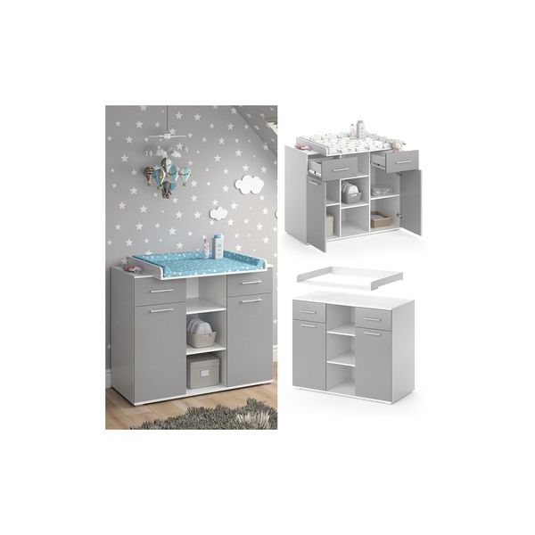 Vicco Wickelkommode Wickeltisch Wickelregal Leonie Mit Wickelaufsatz Weiß/Grau-image