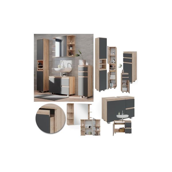Vicco BadmöBelset J-Shape Sonoma Anthrazit Modern Badezimmer Schrank Badschrank Waschtischunterschrank Spiegelschrank Midischrank Hochschrank SchranktüR Schrankschublade Schrankfach Ablage Aufbewahrung-image