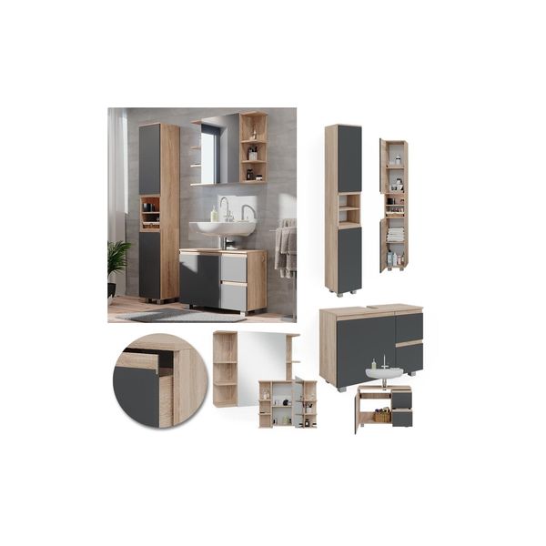 Vicco BadmöBelset J-Shape Sonoma Anthrazit Modern Badezimmer Schrank Badschrank Waschtischunterschrank Spiegelschrank Hochschrank SchranktüR Schrankschublade Schrankfach Ablage Aufbewahrung-image