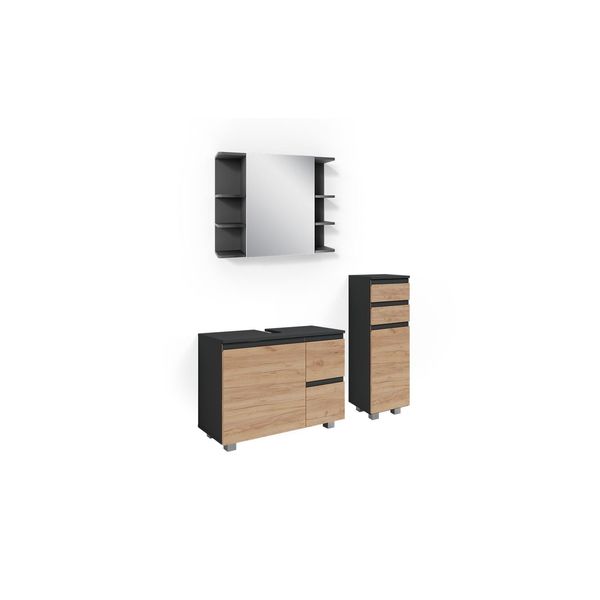 Vicco BadmöBelset J-Shape Anthrazit Eiche Modern Badezimmer Schrank Badschrank Waschtischunterschrank Spiegelschrank Midischrank SchranktüR Schrankschublade Schrankfach Ablage Aufbewahrung-image