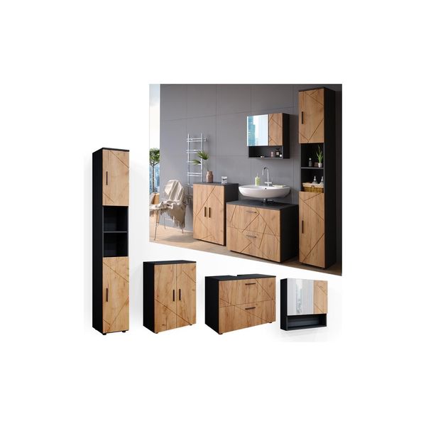 Vicco BadmöBelset Unterschrank Spiegel Badschrank Hochschrank Irma Anthrazit Eiche BadmöBel-image