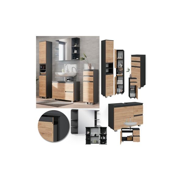 Vicco BadmöBelset J-Shape Anthrazit Eiche Modern Badezimmer Schrank Badschrank Waschtischunterschrank Spiegelschrank Midischrank Hochschrank SchranktüR Schrankschublade Schrankfach Ablage Aufbewahrung-image