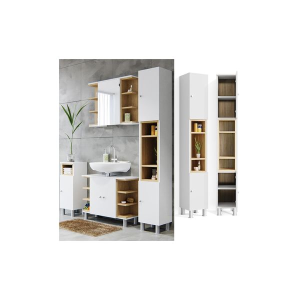 Vicco Badschrank Aquis Badezimmerschrank Hochschrank Bad Schrank Eiche Weiß-image