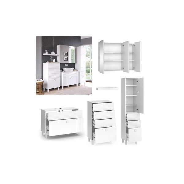 Vicco BadmöBel-Set Sola Weiß Matt, Moderne Serie, Badezimmer, Dekorative Front Waschtischunterschrank Spiegelschrank Midischrank Hochschrank-image