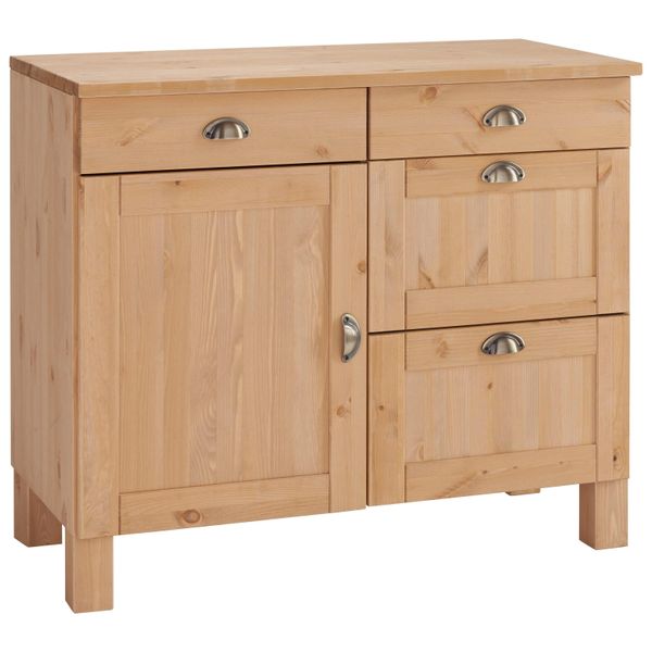 Unterschrank Home Affaire "Oslo", Beige (Natur Gebeizt, Gewachst), B:100Cm H:85Cm T:50Cm, Massivholz, SchräNke, Unterschrank, 100 Cm Breit, In 2 Tiefen, Mit 23 Mm Arbeitsplatte, 2 SchubkäSten-image
