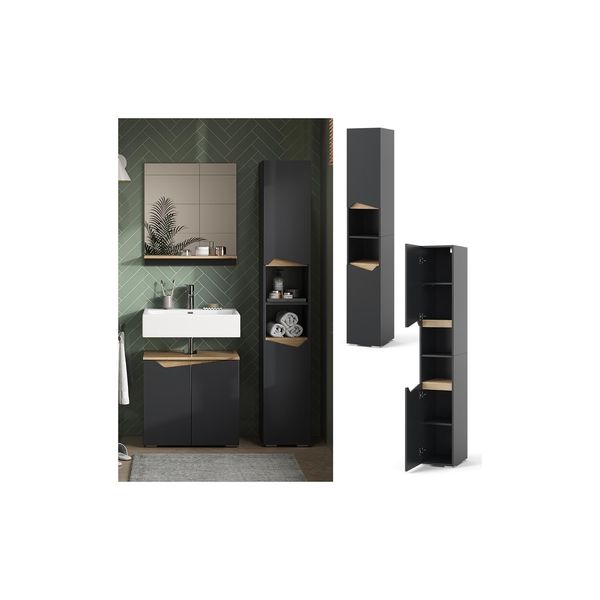 Vicco Hochschrank Marelle Anthrazit Eiche 30 X 180 Cm Mit TüRen Und Offenen FäChern-image