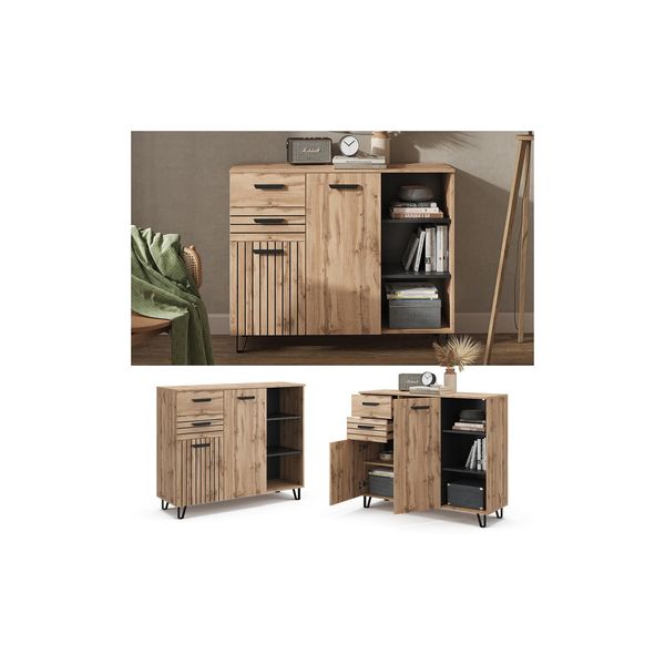 Vicco Sideboard Amber Eiche Wotan 120 X 100 Cm Mit 2 TüRen Und 2 Schubladen-image