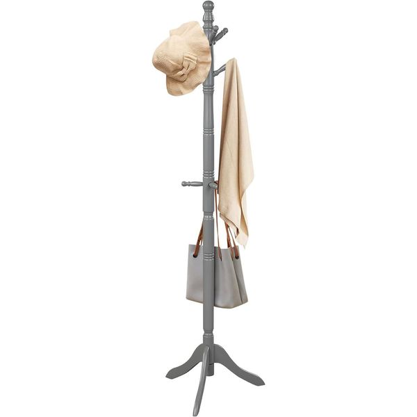 Appendiabiti Costway 175 Cm Con 9 Ganci, Appendiabiti In Legno A Piantana Con Altezza Regolabile, Appendiabiti Ad Albero Per Cappelli, Borse E Sciarpe (Grigio)-image