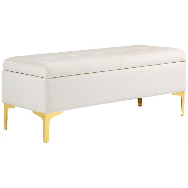 Homcom Panca Con Contenitore, Panca Imbottita Con Aspetto Vellutato, Gambe In Metallo, Panca Da Letto Per Soggiorno, Camera Da Letto, Corridoio, 120 X 44 X 44,5 Cm, Beige-image