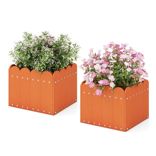 Costway 2Er Vaso Da Fiori Resistente Alle Intemperie Con Fori Di Drenaggio, Fioriera Hdpe Rettangolare, Letto Rialzato, Vaso Da Fiori 32X30X25Cm Arancione-image